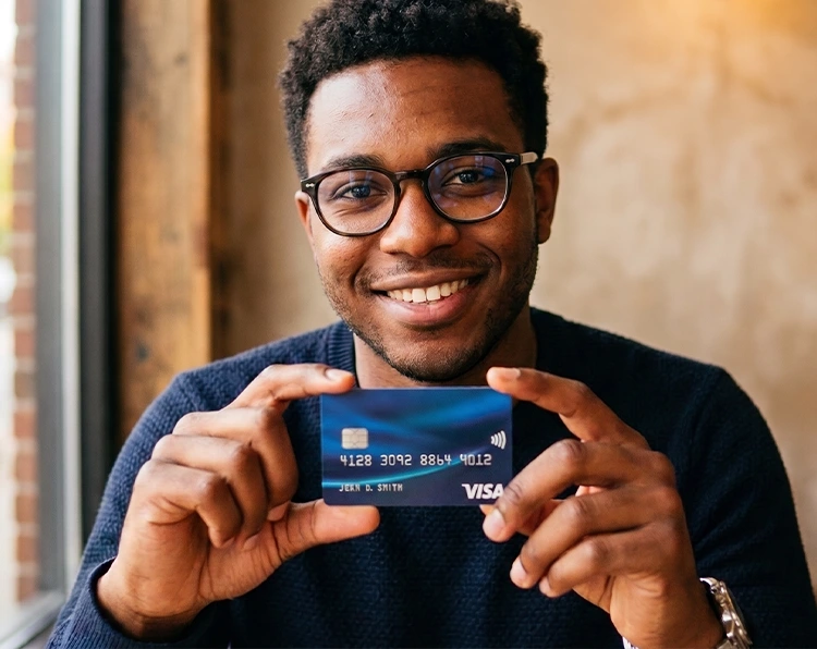 A smiling young man wearing glasses and holding a credit card