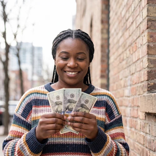 A smiling woman with braided hair wears a multi-colored striped sweater while holding three one-hundred-dollar bills in her hands outdoors.