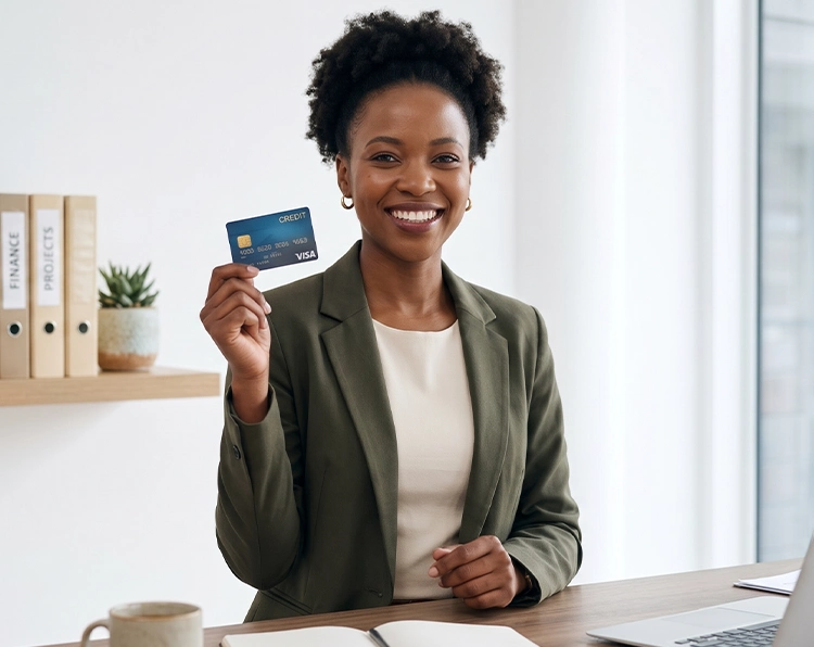 Smiling woman sitting at her work desk holding a credit card in one hand
