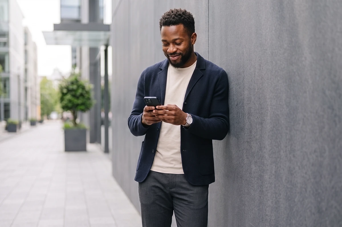 A young man standing outside, using his phone to search for fast cash loans