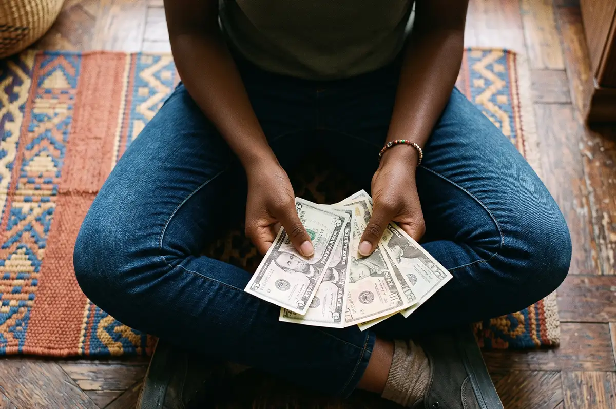 A young woman sitting at home, relaxed on the floor while counting money in her hands