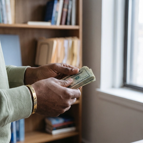 A person wearing a gold bracelet counts a stack of U.S. dollar bills in a room with a bookshelf and a window