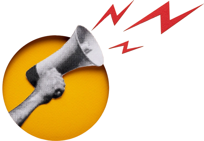 A halftone-style black and white megaphone held by a hand is set against a yellow circle, with red lightning bolt icons emanating from the speaker