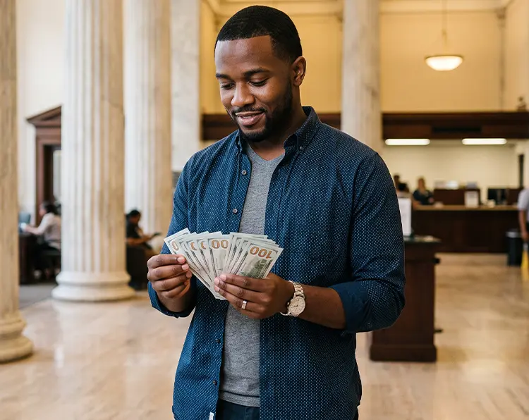 A young man holding cash and counting money after receiving a fast loan