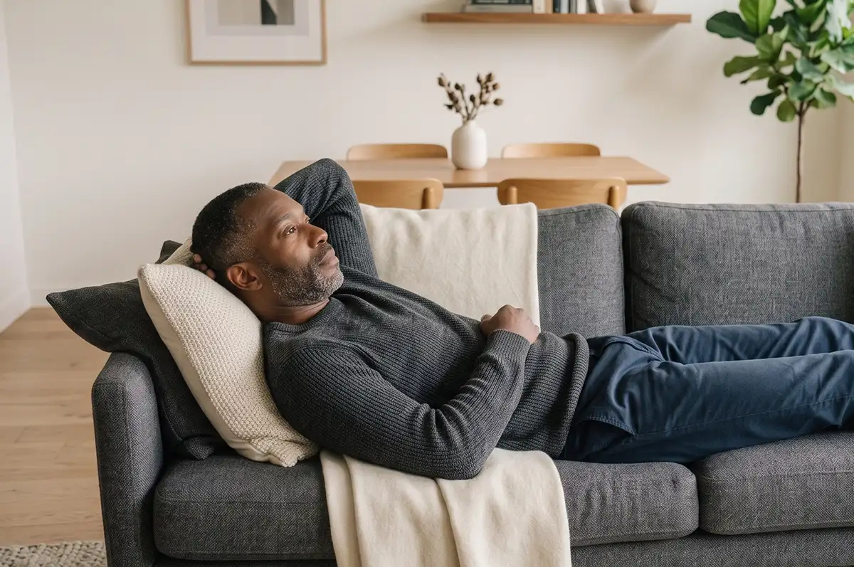 A middle-aged man in a sweater lying on a sofa while thinking about getting a loan