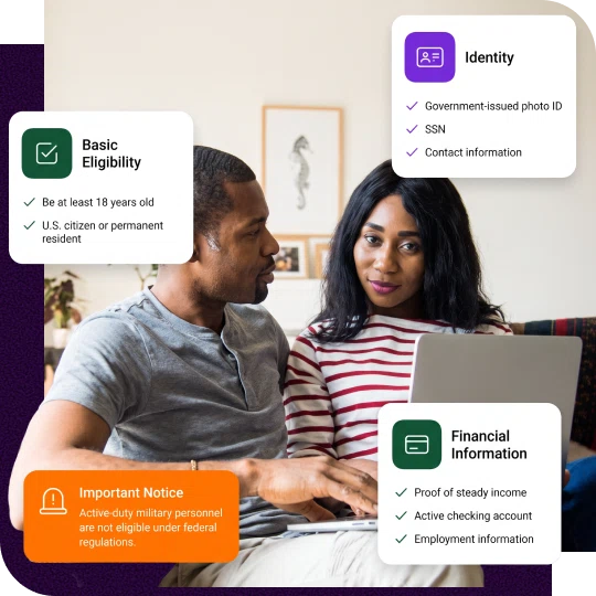A couple looks at a laptop, surrounded by informational cards detailing eligibility, identity requirements, financial information, and a military notice