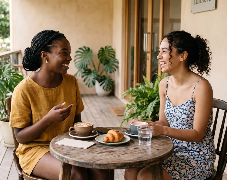 A happy woman talking with her friend about finding a fast cash loan while drinking coffee at a café