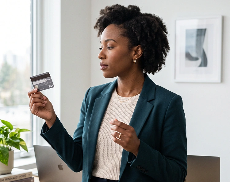 A confident businesswoman holding and looking at a credit card in her office