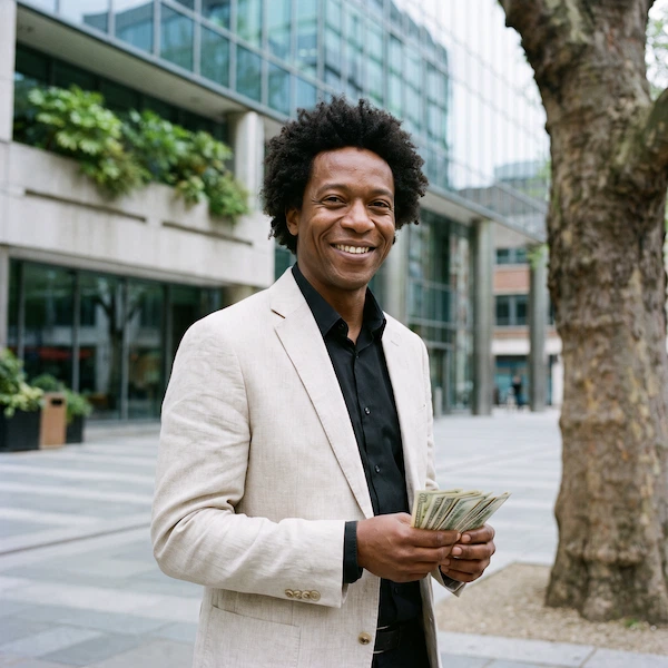 A smiling man with dark curly hair wearing a beige blazer and black shirt stands outdoors holding a fan of US dollar bills in front of a building