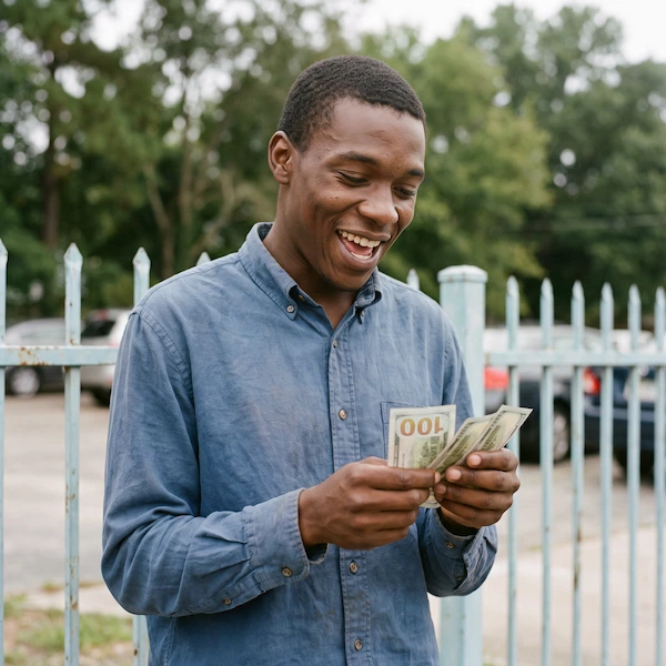 A smiling young Black man in a blue button-down shirt stands outdoors, holding and looking down at a small stack of US one hundred dollar bills