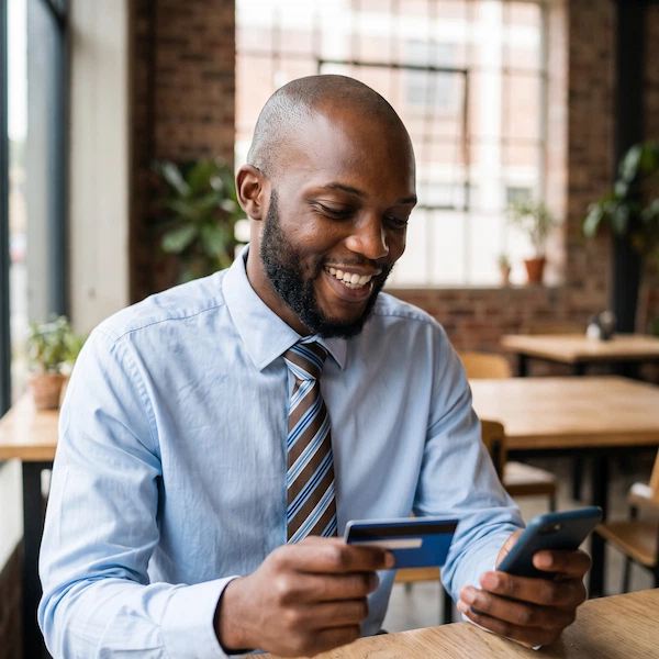 A smiling man in a light blue dress shirt and striped tie holds a credit card and a smartphone while sitting at a wooden table in a cafe setting