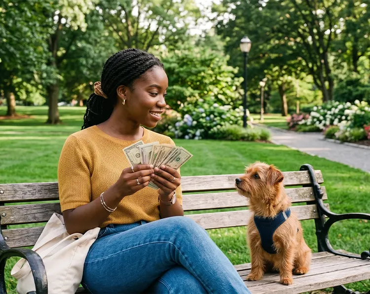 A young woman checking the cash in her hands while sitting on a park bench with her dog