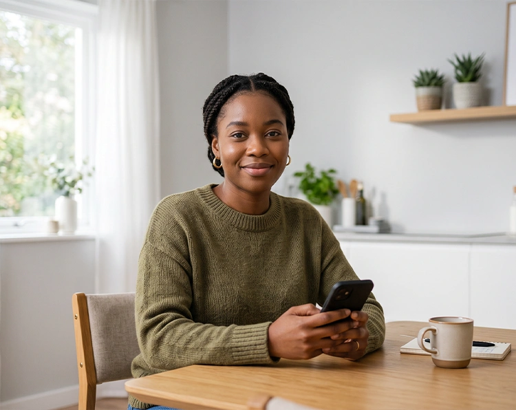 A smiling woman sitting in her kitchen and using her phone to search for a fast cash loan nearby