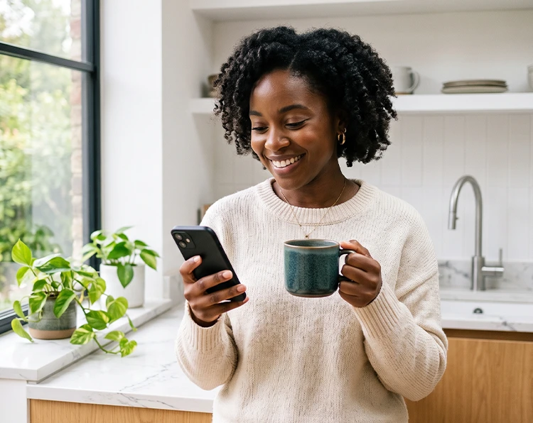 A happy woman using her phone to search for a fast cash loan while enjoying a morning cup of coffee