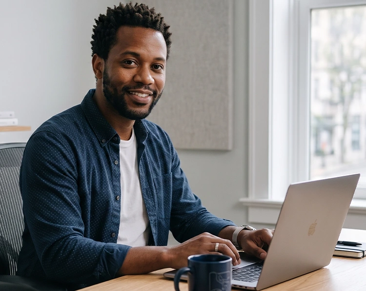 A smiling man in a blue shirt sitting at his desk and using his laptop
