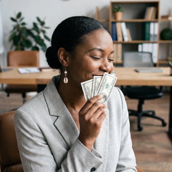 A smiling woman in a grey blazer holds a small fan of US hundred-dollar bills near her face while sitting in a blurred office setting with desks.
