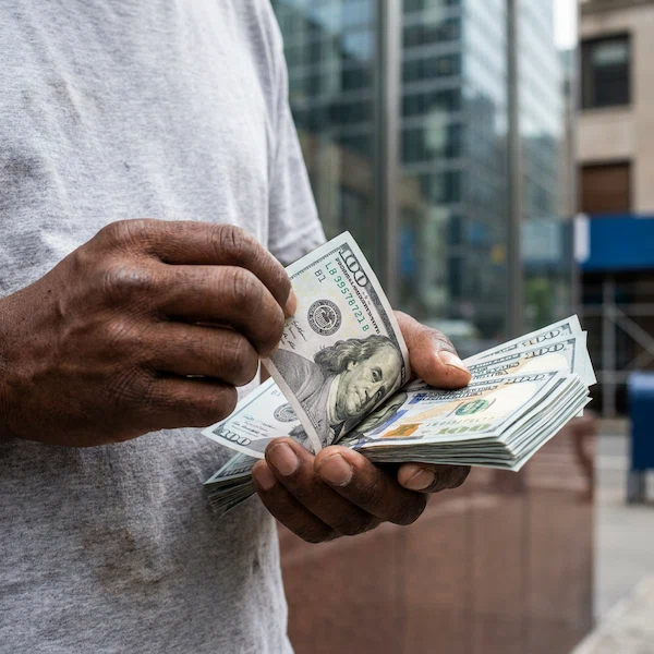 A tight close-up shot focuses on a person’s hands holding and meticulously counting a fanned stack of crisp US hundred-dollar bills