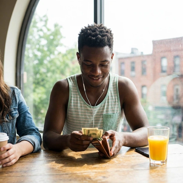 A young Black man with short hair and white earbuds is holding a wallet and some dollar bills, seated at a casual table setting
