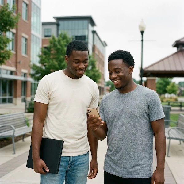 Two young Black men are standing outdoors on a paved path in a contemporary urban park-like setting in Perrysburg, Ohio, with modern buildings, clean sidewalks, and subtle city details