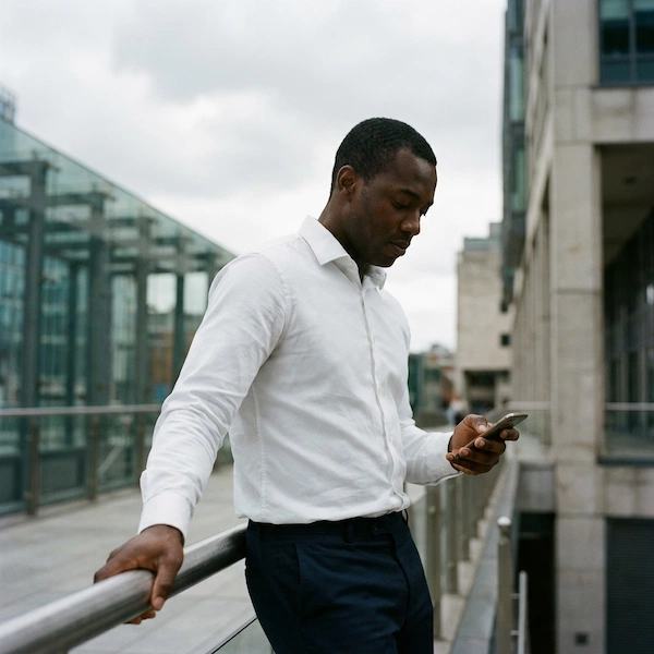 a focused man in a crisp white collared shirt and tailored black pants, holding a smartphone in his right hand