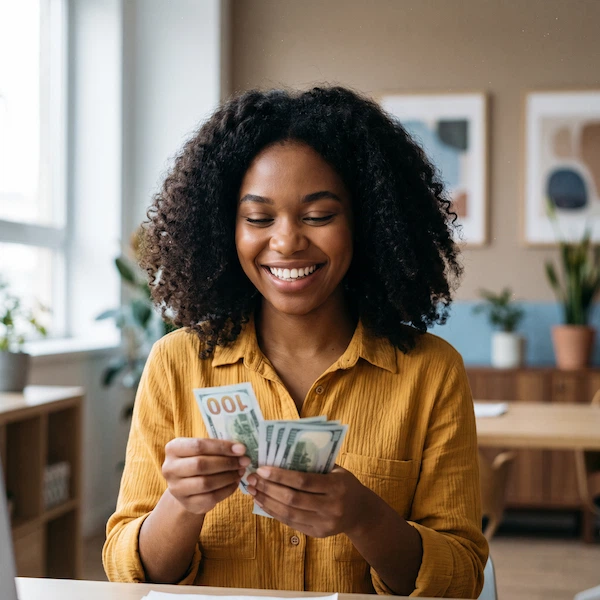 a joyful young Black woman with voluminous, dark, curly hair, warmly smiling as she carefully counts a small stack of crisp US hundred-dollar bills in her hands