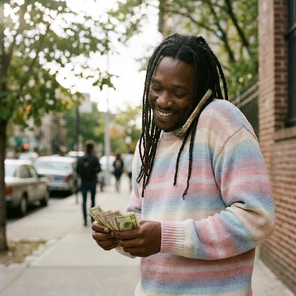 a man talks on a smartphone that is held between his shoulder, cheek, and ear as he is counting a small stack of US dollar bills in his hand