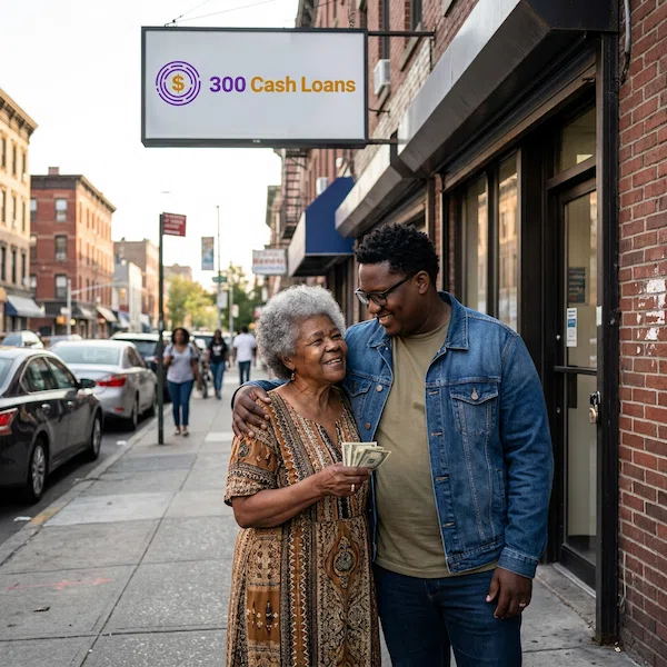 a mother and her adult son standing together outside a 300 Cash Loan storefront on a city street