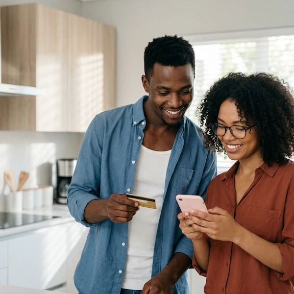 a smiling young Black couple in a bright, modern kitchen, looking at a smartphone together