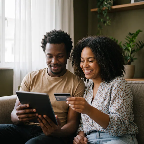A man and woman sit on a couch, smiling while looking at a tablet. The woman holds a credit card. There are plants and shelves in the background.
