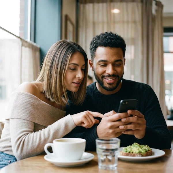 two people sitting at a table, looking at a smartphone